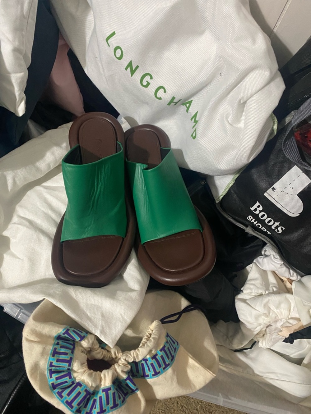 Longchamp Green Leather Slide Mules with Brown Footbed